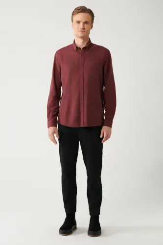Men's Burgundy Button-Down Collar 100% Cotton Herringbone Flannel Regular Fit Shirt B002033 - 5