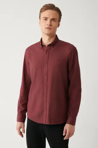 Men's Burgundy Button-Down Collar 100% Cotton Herringbone Flannel Regular Fit Shirt B002033 - 3