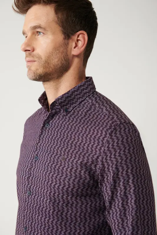 Men's Burgundy Button-Down Collar Patterned Stretch Cotton Shirt A32Y2145-Burgundy - 2