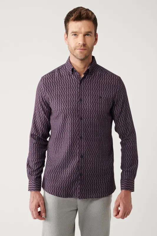 Men's Burgundy Button-Down Collar Patterned Stretch Cotton Shirt A32Y2145-Burgundy - 3