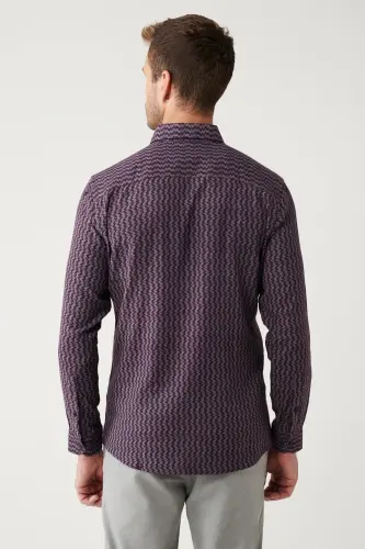 Men's Burgundy Button-Down Collar Patterned Stretch Cotton Shirt A32Y2145-Burgundy - 4
