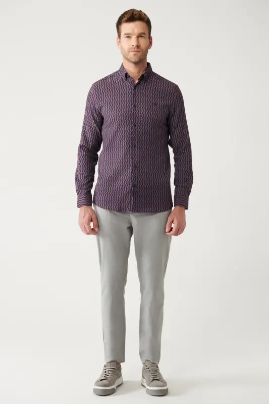 Men's Burgundy Button-Down Collar Patterned Stretch Cotton Shirt A32Y2145-Burgundy - 6