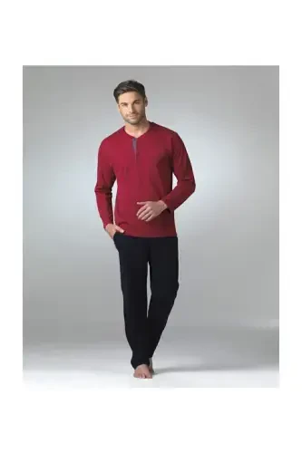 Men's Burgundy Long Sleeve Pajama Set T3409-Burgundy - 1