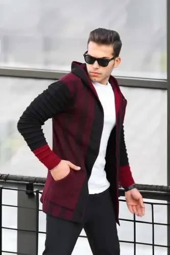Men's Burgundy Patterned Sleeve Hooded Poncho Cardigan-Burgundy - 10