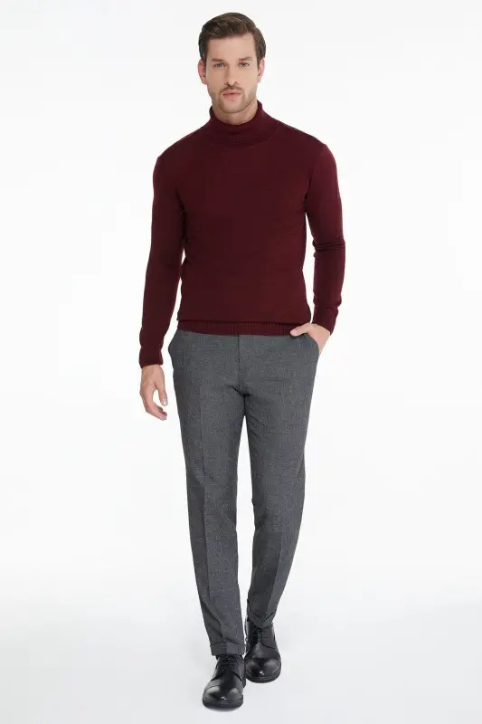Men's Burgundy Patterned Turtleneck Regular Fit T-shirt - 2
