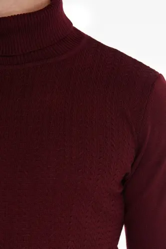 Men's Burgundy Patterned Turtleneck Regular Fit T-shirt - 4