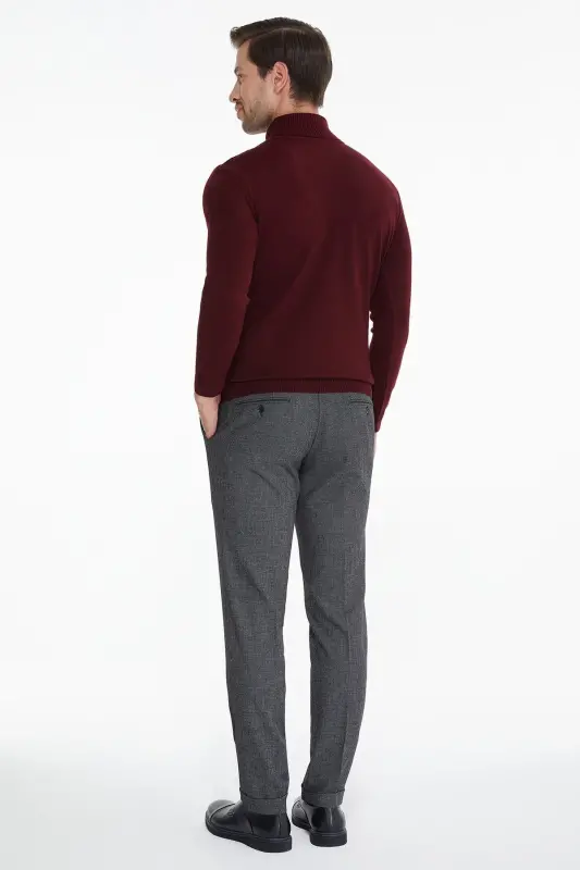 Men's Burgundy Patterned Turtleneck Regular Fit T-shirt - 3