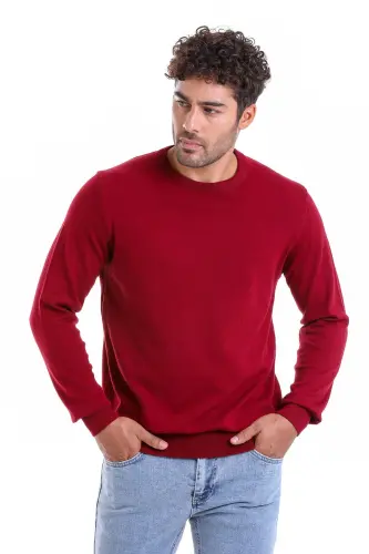 Men's Burgundy Regular Fit 100% Cotton Crew Neck T - HATEMOĞLU (1)