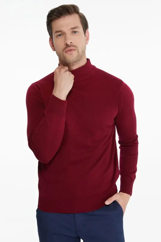 Men's Burgundy Regular Fit Half Turtleneck Knit Sweater - 1