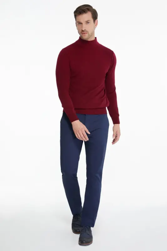 Men's Burgundy Regular Fit Half Turtleneck Knit Sweater - 2