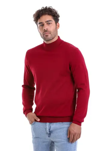Men's Burgundy Regular Fit Plain 100% Cotton Mock Neck - HATEMOĞLU (1)