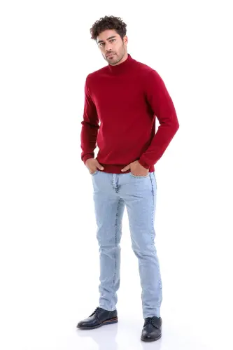 Men's Burgundy Regular Fit Plain 100% Cotton Mock Neck - 3