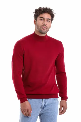 Men's Burgundy Regular Fit Plain 100% Cotton Mock Neck 