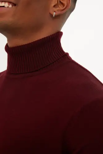 Men's Burgundy Regular Fit Turtleneck Knit Sweater-A - 6
