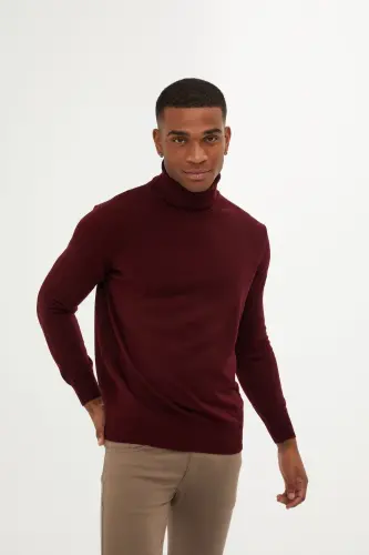 Men's Burgundy Regular Fit Turtleneck Knit Sweater-A 