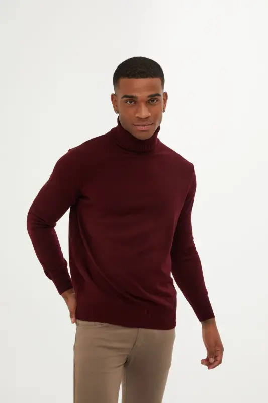 Men's Burgundy Regular Fit Turtleneck Knit Sweater-A - 1