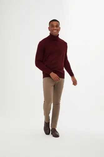 Men's Burgundy Regular Fit Turtleneck Knit Sweater-A - 2