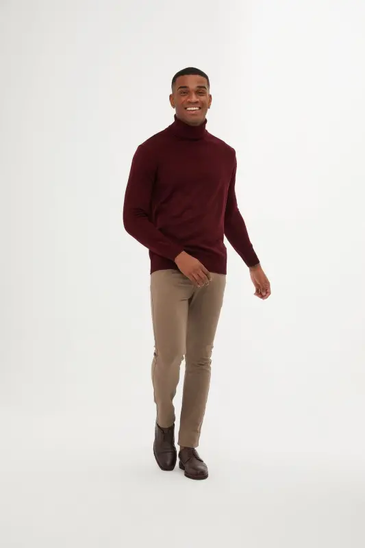 Men's Burgundy Regular Fit Turtleneck Knit Sweater-A - 4