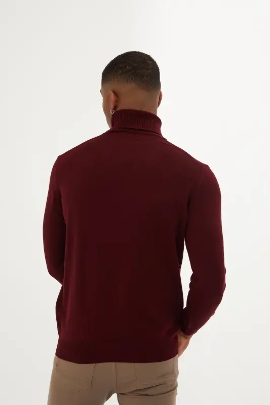Men's Burgundy Regular Fit Turtleneck Knit Sweater-A - 5