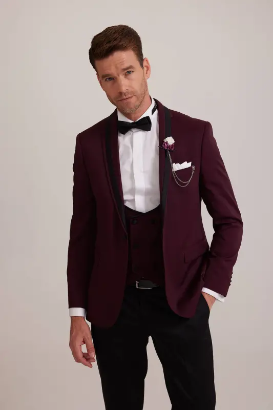 Men's Burgundy Shawl Collar Slim Fit Tuxedo - 3
