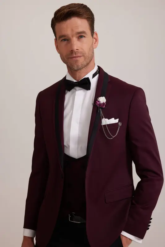 Men's Burgundy Shawl Collar Slim Fit Tuxedo - 4