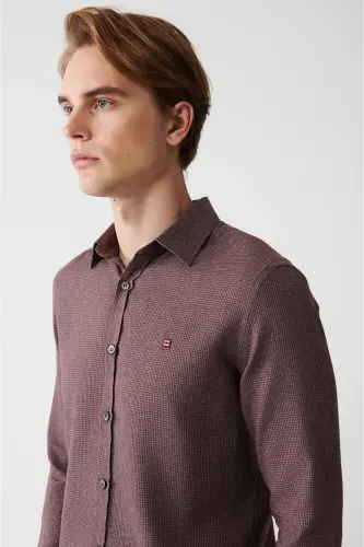 Men's Burgundy Shirt Classic Collar Easy Iron Cotton Armoured Flannel Slim Fit A32y2154 - AVVA (1)