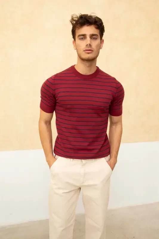 Men's Burgundy Short Sleeve Ribbed Acrylic-Cotton Blend Knitted T-Shirt-BURGUNDY - 1
