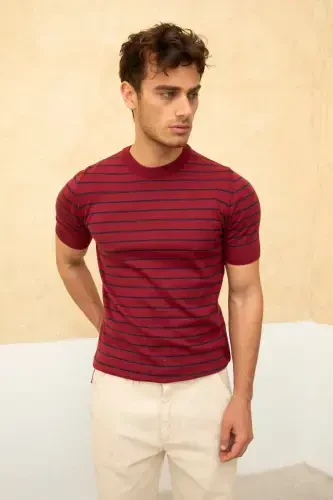 Men's Burgundy Short Sleeve Ribbed Acrylic-Cotton Blend Knitted T-Shirt-BURGUNDY - TARZ COOL (1)