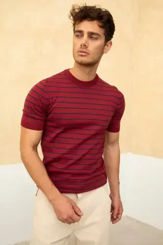 Men's Burgundy Short Sleeve Ribbed Acrylic-Cotton Blend Knitted T-Shirt-BURGUNDY - 3