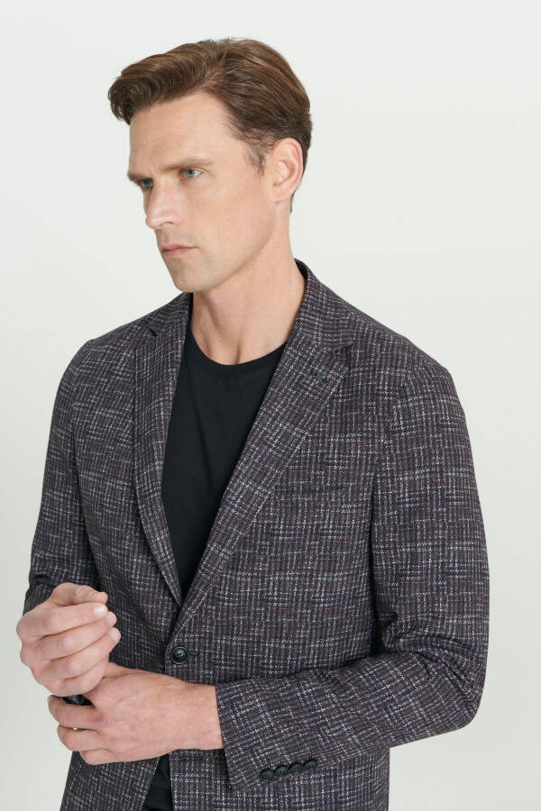 Men's Burgundy Slim Fit Narrow Cut Single Collar Houndstooth - 5