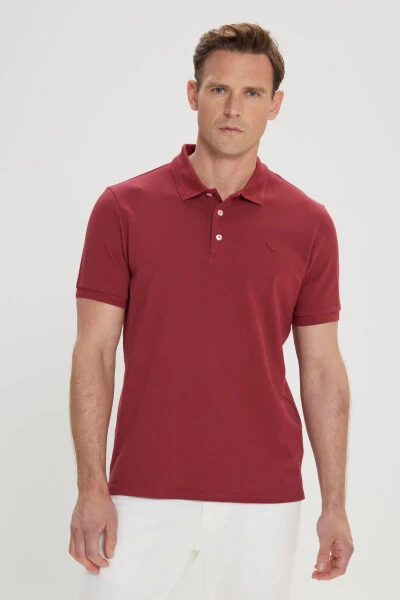 Men's Burgundy Slim Fit Polo Collar 100% Cotton Short Sleeve T-Shirt - 1