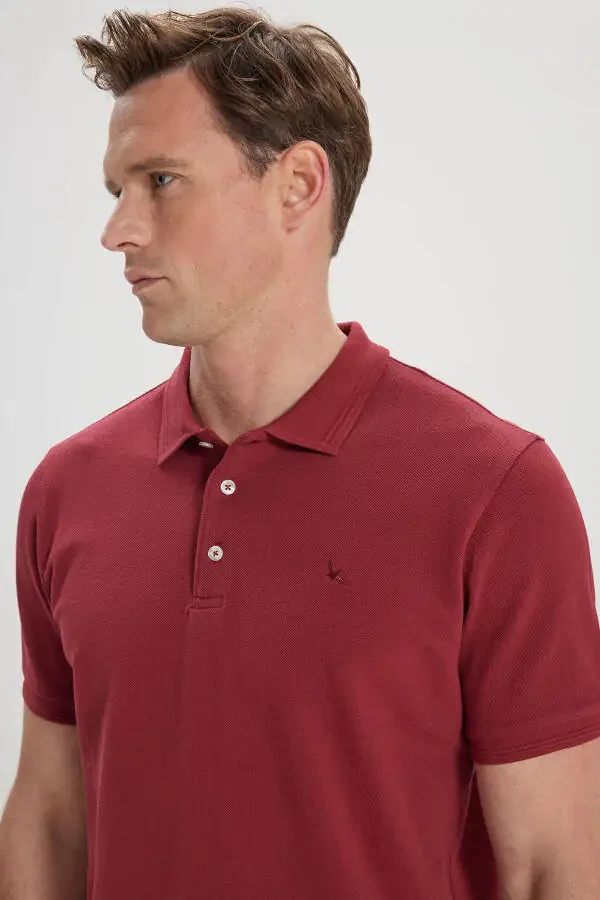 Men's Burgundy Slim Fit Polo Collar 100% Cotton Short Sleeve T-Shirt - 3