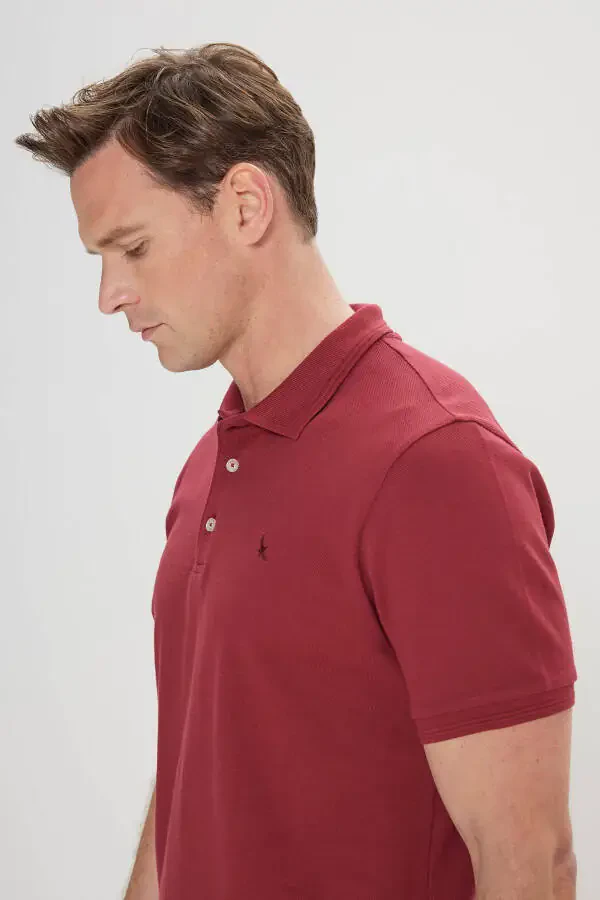 Men's Burgundy Slim Fit Polo Collar 100% Cotton Short Sleeve T-Shirt - 4