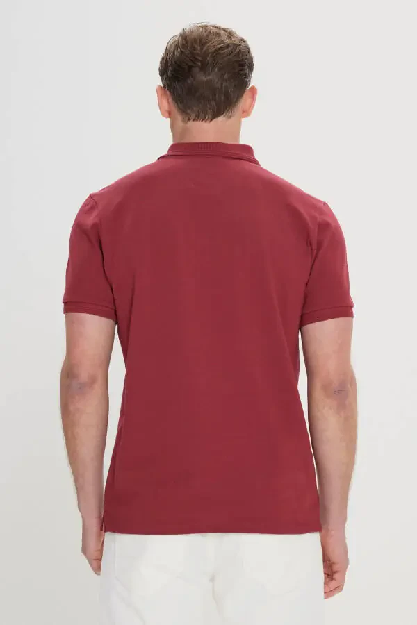 Men's Burgundy Slim Fit Polo Collar 100% Cotton Short Sleeve T-Shirt - 5