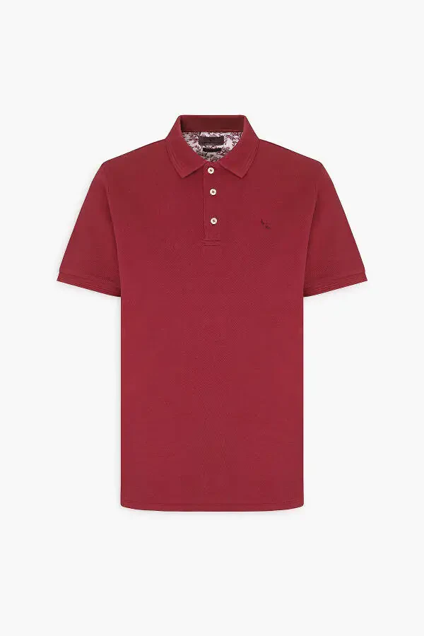 Men's Burgundy Slim Fit Polo Collar 100% Cotton Short Sleeve T-Shirt - 6