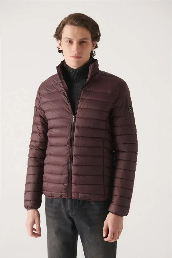 Men's Burgundy Stand Collar Puffer Jacket - 1