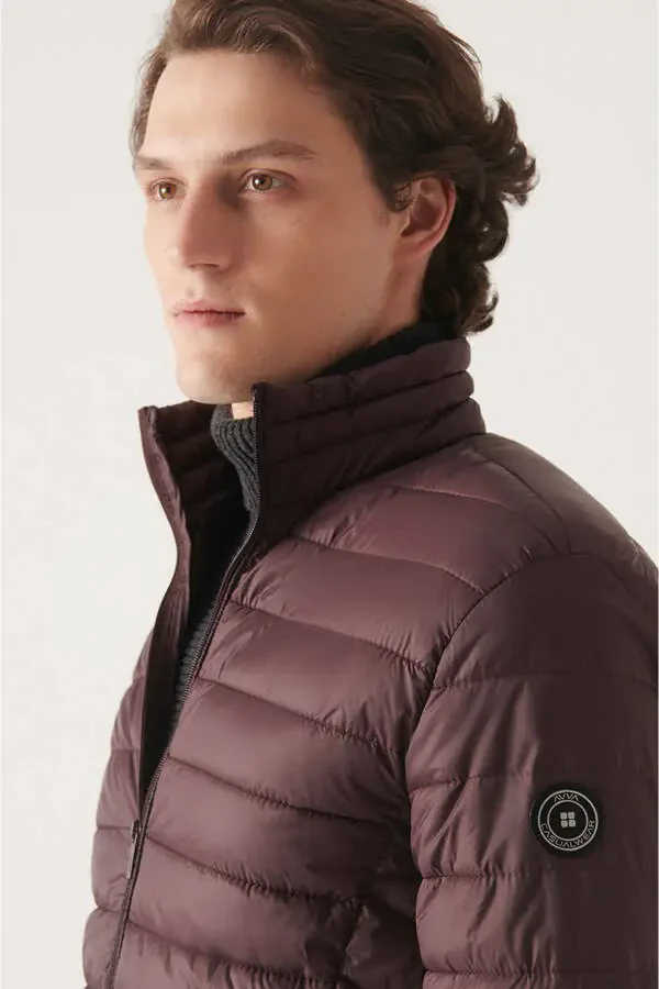 Men's Burgundy Stand Collar Puffer Jacket - 2