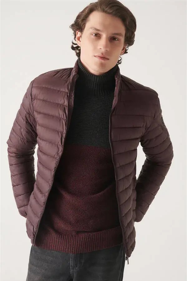 Men's Burgundy Stand Collar Puffer Jacket - 3