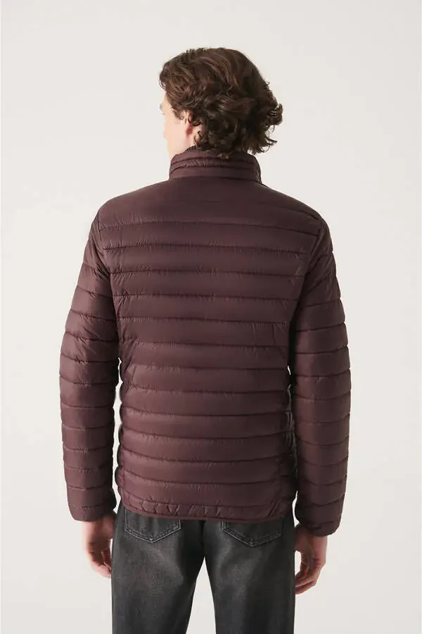 Men's Burgundy Stand Collar Puffer Jacket - 4