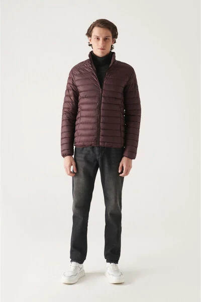 Men's Burgundy Stand Collar Puffer Jacket - 5