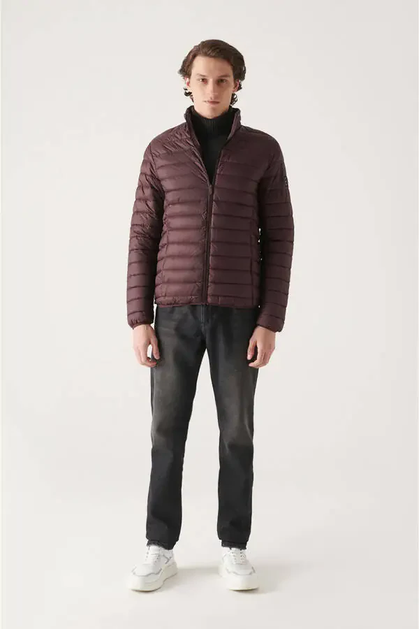 Men's Burgundy Stand Collar Puffer Jacket - 5