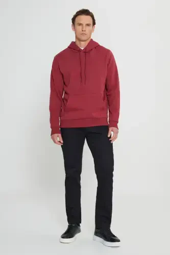 Men's Burgundy Standard Fit Fleece Lined 3 Thread Hooded Kangaroo Pocket Cotton Sweatshirt-Burgundy - AC&CO / ALTINYILDIZ CLASSICS (1)