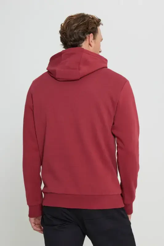 Men's Burgundy Standard Fit Fleece Lined 3 Thread Hooded Kangaroo Pocket Cotton Sweatshirt-Burgundy - 5