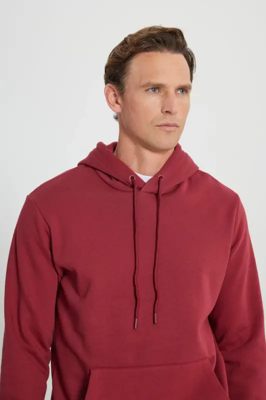 Men's Burgundy Standard Fit Fleece Lined 3 Thread Hooded Kangaroo Pocket Cotton Sweatshirt-Burgundy - 5