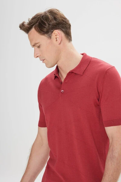 Men's Burgundy Standard Fit Regular Cut 100% Cotton Self-Patterned Polo Neck Knitted T-Shirt - 3