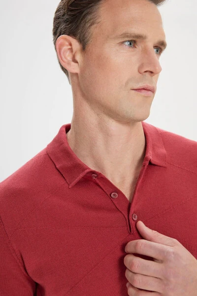 Men's Burgundy Standard Fit Regular Cut 100% Cotton Self-Patterned Polo Neck Knitted T-Shirt - 4