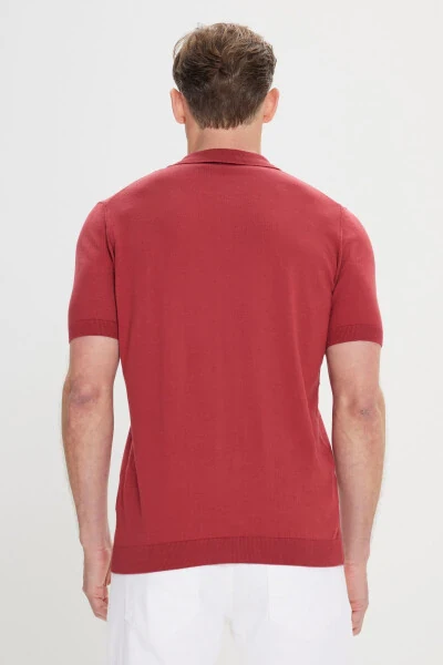 Men's Burgundy Standard Fit Regular Cut 100% Cotton Self-Patterned Polo Neck Knitted T-Shirt - 5
