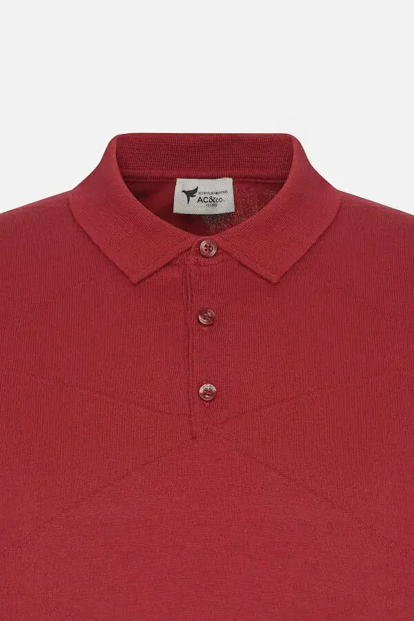Men's Burgundy Standard Fit Regular Cut 100% Cotton Self-Patterned Polo Neck Knitted T-Shirt - 7