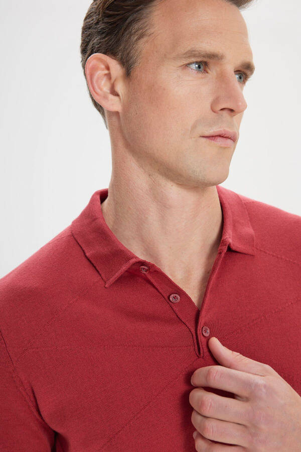 Men's Burgundy Standard Fit Regular Cut 100% Cotton Self-Patterned Polo Neck Knitted T-Shirt - 4
