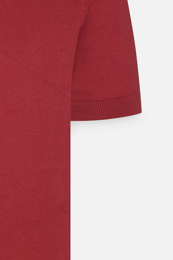 Men's Burgundy Standard Fit Regular Cut 100% Cotton Self-Patterned Polo Neck Knitted T-Shirt - 8